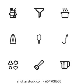 Set Of 9 Editable Cook Icons. Includes Symbols Such As Potato Peeler, Measuring Cup, Cookie And More. Can Be Used For Web, Mobile, UI And Infographic Design.