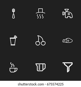 Set Of 9 Editable Cook Icons. Includes Symbols Such As Cherries, Take Away, Silverware And More. Can Be Used For Web, Mobile, UI And Infographic Design.