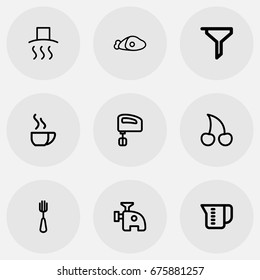 Set Of 9 Editable Cook Icons. Includes Symbols Such As Blender, Cappuccino, Crater And More. Can Be Used For Web, Mobile, UI And Infographic Design.