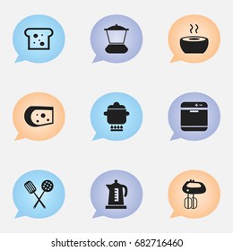 Set Of 9 Editable Cook Icons. Includes Symbols Such As Whisk, Prepare Meal, Cheddar And More. Can Be Used For Web, Mobile, UI And Infographic Design.