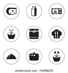 Set Of 9 Editable Cook Icons. Includes Symbols Such As Milk Bottle, Cookware, Cooking And More. Can Be Used For Web, Mobile, UI And Infographic Design.
