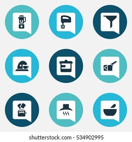 Set Of 9 Editable Cooking Icons. Includes Symbols Such As Hand Mixer, Kitchen Hood, Agitator. Can Be Used For Web, Mobile, UI And Infographic Design.