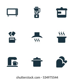 Set Of 9 Editable Cooking Icons. Includes Symbols Such As Hand Mixer, Drink Maker, Cookware. Can Be Used For Web, Mobile, UI And Infographic Design.