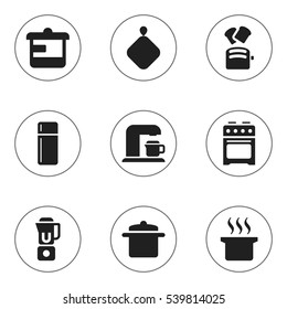 Set Of 9 Editable Cooking Icons. Includes Symbols Such As Refrigerator, Slice Bread, Cookware And More. Can Be Used For Web, Mobile, UI And Infographic Design.