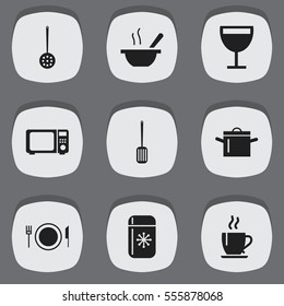 Set Of 9 Editable Cooking Icons. Includes Symbols Such As Pan, Wave Oven, Wineglass And More. Can Be Used For Web, Mobile, UI And Infographic Design.