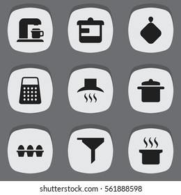 Set Of 9 Editable Cooking Icons. Includes Symbols Such As Egg Carton, Kitchen Hood, Pot-Holder And More. Can Be Used For Web, Mobile, UI And Infographic Design.