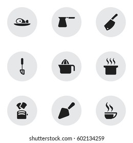 Set Of 9 Editable Cooking Icons. Includes Symbols Such As Spatula, Soup Pot, Food Shovel And More. Can Be Used For Web, Mobile, UI And Infographic Design.