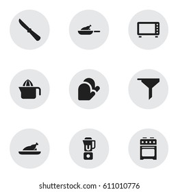 Set Of 9 Editable Cooking Icons. Includes Symbols Such As Juicer, Stove , Hand Mixer. Can Be Used For Web, Mobile, UI And Infographic Design.