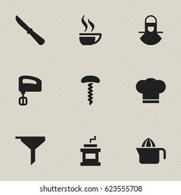 Set Of 9 Editable Cooking Icons. Includes Symbols Such As Kitchen Blade, Wine Opener, Filtering And More. Can Be Used For Web, Mobile, UI And Infographic Design.