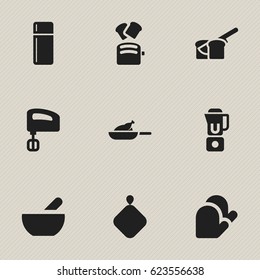 Set Of 9 Editable Cooking Icons. Includes Symbols Such As Slice Bread, Refrigerator, Pot-Holder And More. Can Be Used For Web, Mobile, UI And Infographic Design.
