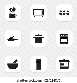 Set Of 9 Editable Cooking Icons. Includes Symbols Such As Oven, Refrigerator, Utensil And More. Can Be Used For Web, Mobile, UI And Infographic Design.