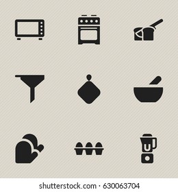 Set Of 9 Editable Cooking Icons. Includes Symbols Such As Kitchen Glove, Hand Mixer, Pot-Holder. Can Be Used For Web, Mobile, UI And Infographic Design.