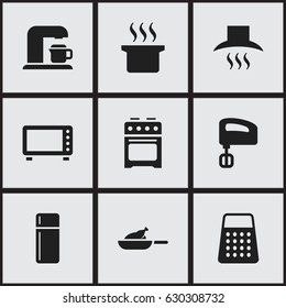 Set Of 9 Editable Cooking Icons. Includes Symbols Such As Soup Pot, Shredder, Kitchen Hood And More. Can Be Used For Web, Mobile, UI And Infographic Design.