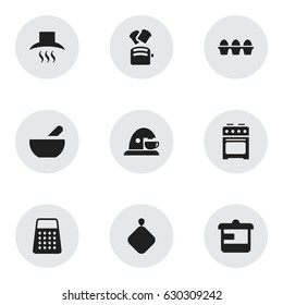 Set Of 9 Editable Cooking Icons. Includes Symbols Such As Soup, Kitchen Hood, Utensil And More. Can Be Used For Web, Mobile, UI And Infographic Design.