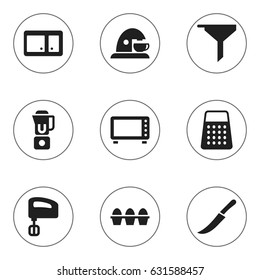 Set Of 9 Editable Cooking Icons. Includes Symbols Such As Sideboard, Egg Carton , Hand Mixer. Can Be Used For Web, Mobile, UI And Infographic Design.