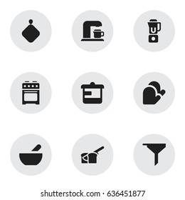 Set Of 9 Editable Cooking Icons. Includes Symbols Such As Pot-Holder, Kitchen Glove, Drink Maker And More. Can Be Used For Web, Mobile, UI And Infographic Design.