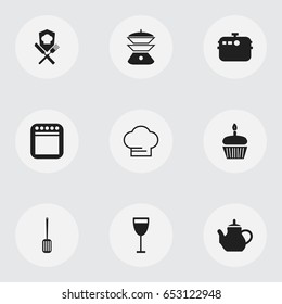 Set Of 9 Editable Cooking Icons. Includes Symbols Such As Kitchen Shovel, Cooking Cap, Teapot And More. Can Be Used For Web, Mobile, UI And Infographic Design.