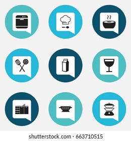 Set Of 9 Editable Cooking Icons. Includes Symbols Such As Chef Cap, Soup, Furniture And More. Can Be Used For Web, Mobile, UI And Infographic Design.