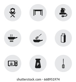 Set Of 9 Editable Cooking Icons. Includes Symbols Such As Desk, Microwave, Electric Kettle And More. Can Be Used For Web, Mobile, UI And Infographic Design.