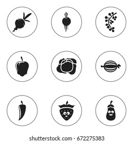 Set Of 9 Editable Cooking Icons. Includes Symbols Such As Chili, Cranberry, Sweet Pepper And More. Can Be Used For Web, Mobile, UI And Infographic Design.
