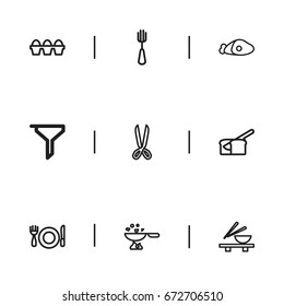 Set Of 9 Editable Cooking Icons. Includes Symbols Such As Noodles Bowl, Beef, Rooty And More. Can Be Used For Web, Mobile, UI And Infographic Design.
