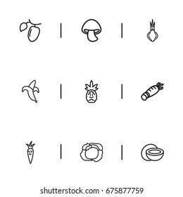 Set Of 9 Editable Cooking Icons. Includes Symbols Such As Root Vegetable, Jungle Fruit, Ananas And More. Can Be Used For Web, Mobile, UI And Infographic Design.