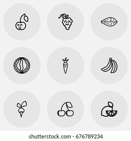 Set Of 9 Editable Cooking Icons. Includes Symbols Such As Muskmelon, Smiling Carrot, Amygdalaceous And More. Can Be Used For Web, Mobile, UI And Infographic Design.