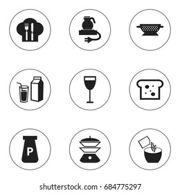 Set Of 9 Editable Cooking Icons. Includes Symbols Such As Baguette, Drainer, Lactose And More. Can Be Used For Web, Mobile, UI And Infographic Design.