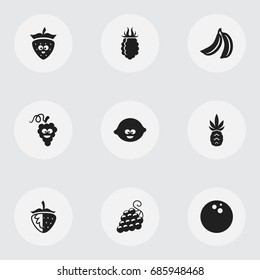 Set Of 9 Editable Cooking Icons. Includes Symbols Such As Jungle Fruit, Coconut, Sweet Fruit And More. Can Be Used For Web, Mobile, UI And Infographic Design.