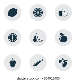 Set Of 9 Editable Cookware Icons. Includes Symbols Such As Fresh Fruit, Sweet Pepper, Barberry And More. Can Be Used For Web, Mobile, UI And Infographic Design.