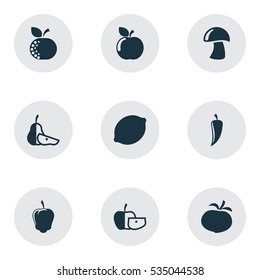 Set Of 9 Editable Cookware Icons. Includes Symbols Such As Fresh Fruit, Sweet Pepper, Pear Piece And More. Can Be Used For Web, Mobile, UI And Infographic Design.