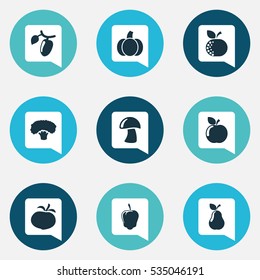 Set Of 9 Editable Cookware Icons. Includes Symbols Such As Citrus, Gourd, Fresh Fruit And More. Can Be Used For Web, Mobile, UI And Infographic Design.