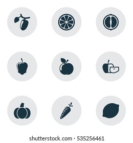 Set Of 9 Editable Cookware Icons. Includes Symbols Such As Orange Slice, Lemon Piece, Sweet Pepper And More. Can Be Used For Web, Mobile, UI And Infographic Design.