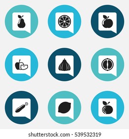 Set Of 9 Editable Cookware Icons. Includes Symbols Such As Orange Slice, Lemon Piece, Fresh Fruit And More. Can Be Used For Web, Mobile, UI And Infographic Design.