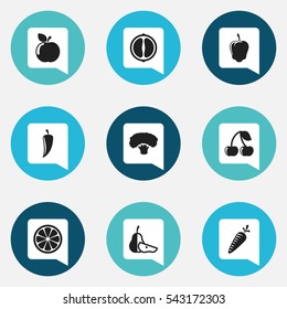 Set Of 9 Editable Cookware Icons. Includes Symbols Such As Pear Piece, Lemon Piece, Sweet Pepper And More. Can Be Used For Web, Mobile, UI And Infographic Design.