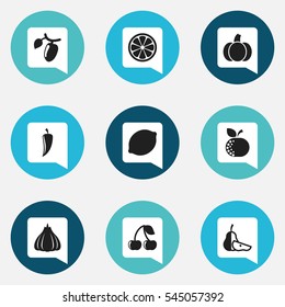 Set Of 9 Editable Cookware Icons. Includes Symbols Such As Pear Piece, Barberry, Lemon Piece And More. Can Be Used For Web, Mobile, UI And Infographic Design.