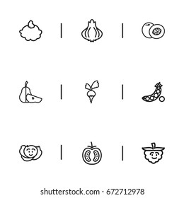 Set Of 9 Editable Cookware Icons. Includes Symbols Such As Sliced Duchess, Radish, Peas And More. Can Be Used For Web, Mobile, UI And Infographic Design.