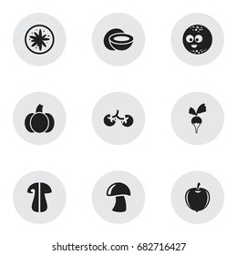 Set Of 9 Editable Cookware Icons. Includes Symbols Such As Cep, Smiling Ball, Plum And More. Can Be Used For Web, Mobile, UI And Infographic Design.