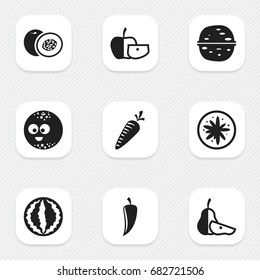 Set Of 9 Editable Cookware Icons. Includes Symbols Such As Smiling Ball, Chili, Nectarine And More. Can Be Used For Web, Mobile, UI And Infographic Design.