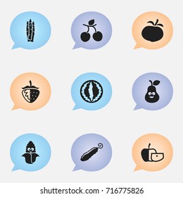 Set Of 9 Editable Cookware Icons. Includes Symbols Such As Tomato, Pear, Apricot And More. Can Be Used For Web, Mobile, UI And Infographic Design.