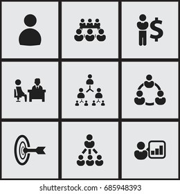 Set Of 9 Editable Cooperation Icons. Includes Symbols Such As Leader, Male, Partnership And More. Can Be Used For Web, Mobile, UI And Infographic Design.