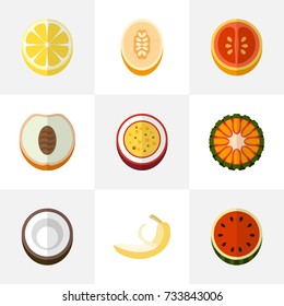 Set Of 9 Editable Dessert Flat Icons. Includes Symbols Such As Melon, Citrus, Watermelon And More. Can Be Used For Web, Mobile, UI And Infographic Design.
