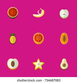 Set Of 9 Editable Dessert Flat Icons. Includes Symbols Such As Jungle Fruit, Starfruit, Ananas And More. Can Be Used For Web, Mobile, UI And Infographic Design.