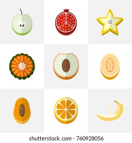 Set Of 9 Editable Dessert Flat Icons. Includes Symbols Such As Juicy, Nectarine, Starfruit And More. Can Be Used For Web, Mobile, UI And Infographic Design.