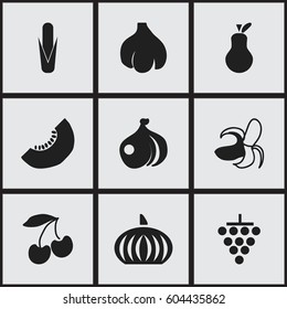 Set Of 9 Editable Dessert Icons. Includes Symbols Such As Gourd, Cherry, Garlic And More. Can Be Used For Web, Mobile, UI And Infographic Design.
