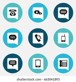 Set Of 9 Editable Device Icons. Includes Symbols Such As Chat, Smartphone, Retro Telecommunication And More. Can Be Used For Web, Mobile, UI And Infographic Design.