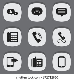 Set Of 9 Editable Device Icons. Includes Symbols Such As Phone, Talking, Calling Device And More. Can Be Used For Web, Mobile, UI And Infographic Design.
