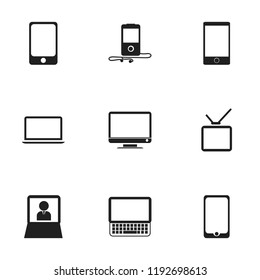 Set of 9 editable devices icons. Includes symbols such as screen, cellphone, laptop and more. Can be used for web, mobile, UI and infographic design.