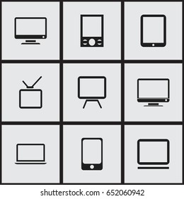Set Of 9 Editable Devices Icons. Includes Symbols Such As Tv, Computer, Notebook And More. Can Be Used For Web, Mobile, UI And Infographic Design.