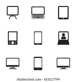 Set Of 9 Editable Devices Icons. Includes Symbols Such As Laptop, Tablet Phone, Monitor And More. Can Be Used For Web, Mobile, UI And Infographic Design.